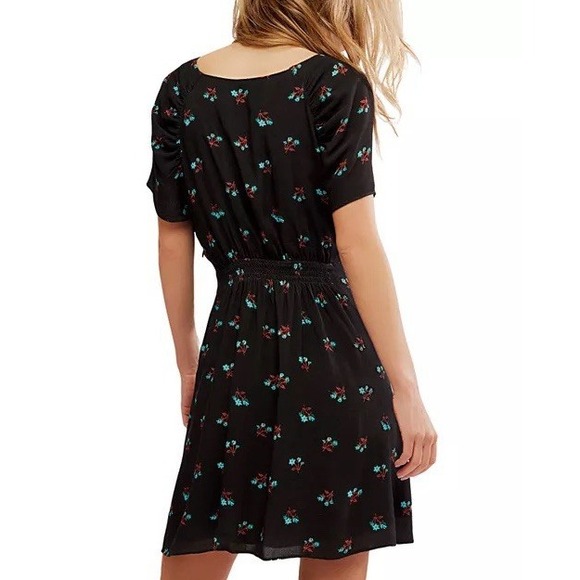 Free People Everyones Favorite Mini Dress Small Black Floral V Neck Bow Zip NWT - Picture 3 of 3